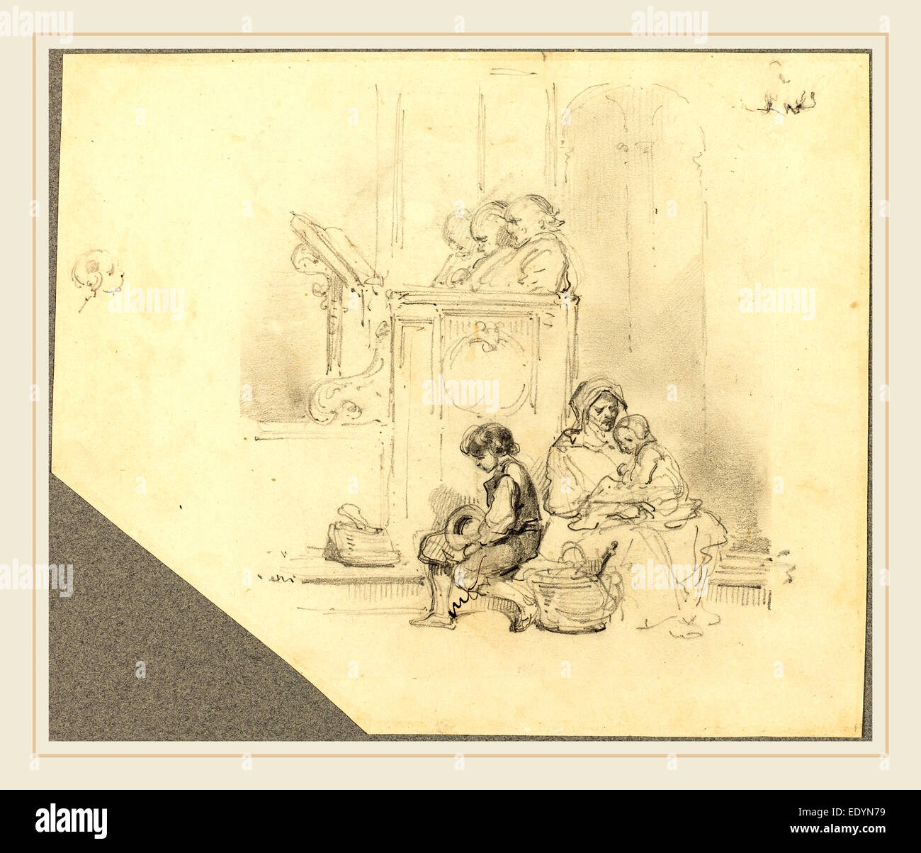 Hippolyte Bellangé, French (1800-1860), A Sleeping Man at a Lectern with a Family Scene Below, graphite, with pen and black ink Stock Photo