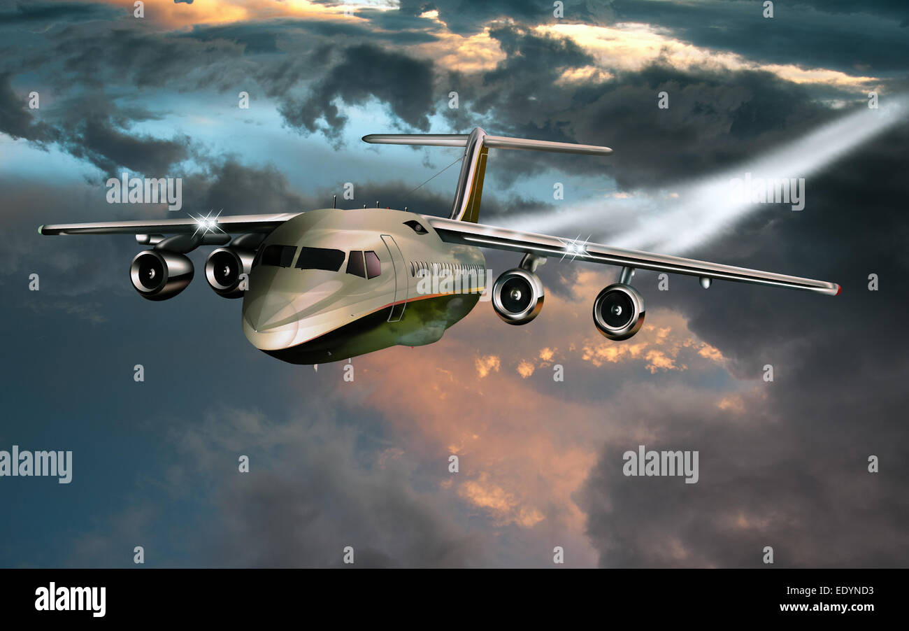 Private aircraft, evening sky, illustration Stock Photo