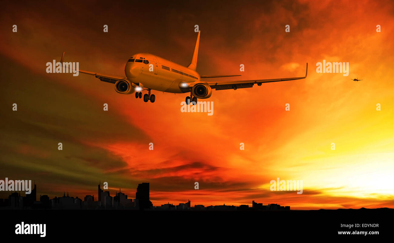 Passenger plane landing at sunset, illustration Stock Photo