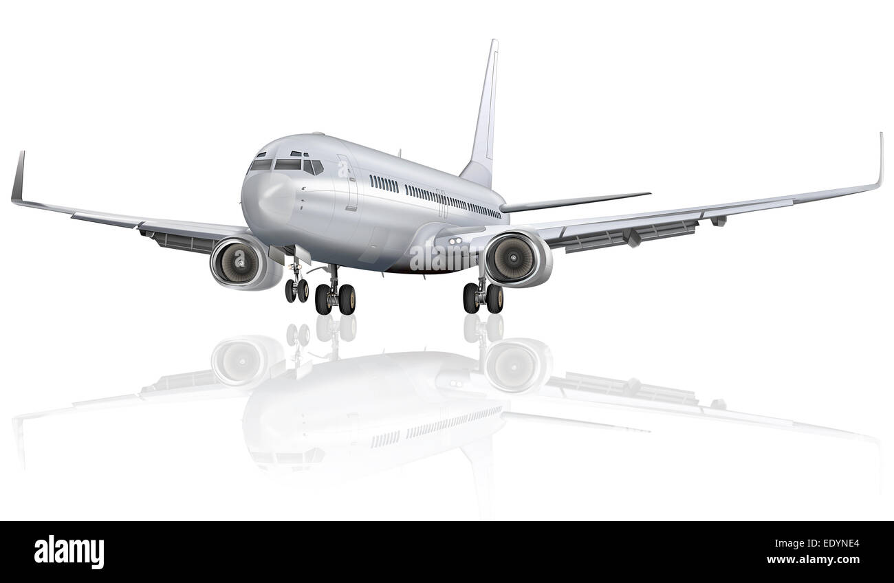 Passenger aircraft with reflection on the ground, illustration Stock Photo