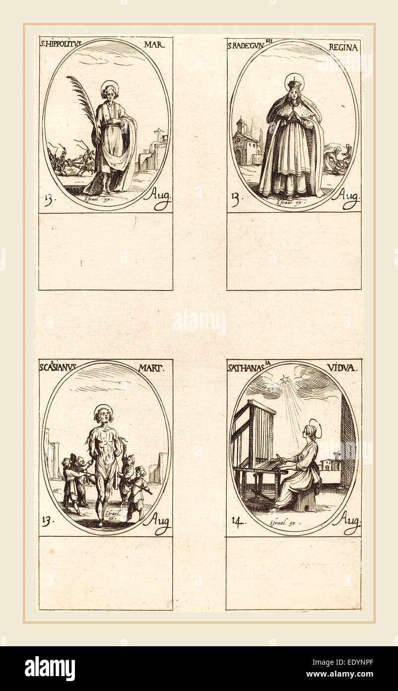Jacques Callot, French (1592-1635), St. Hippolytus; St. Radegund, Queen; St. Cassian; St. Athanasia, etching Stock Photo