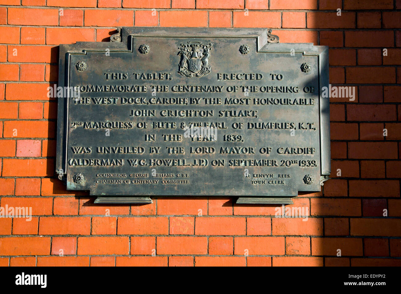 Tablet to commemorate the centenary of the opening of the West Dock Cardiff, Pierhead Building, Cardiff Bay, Wales. Stock Photo
