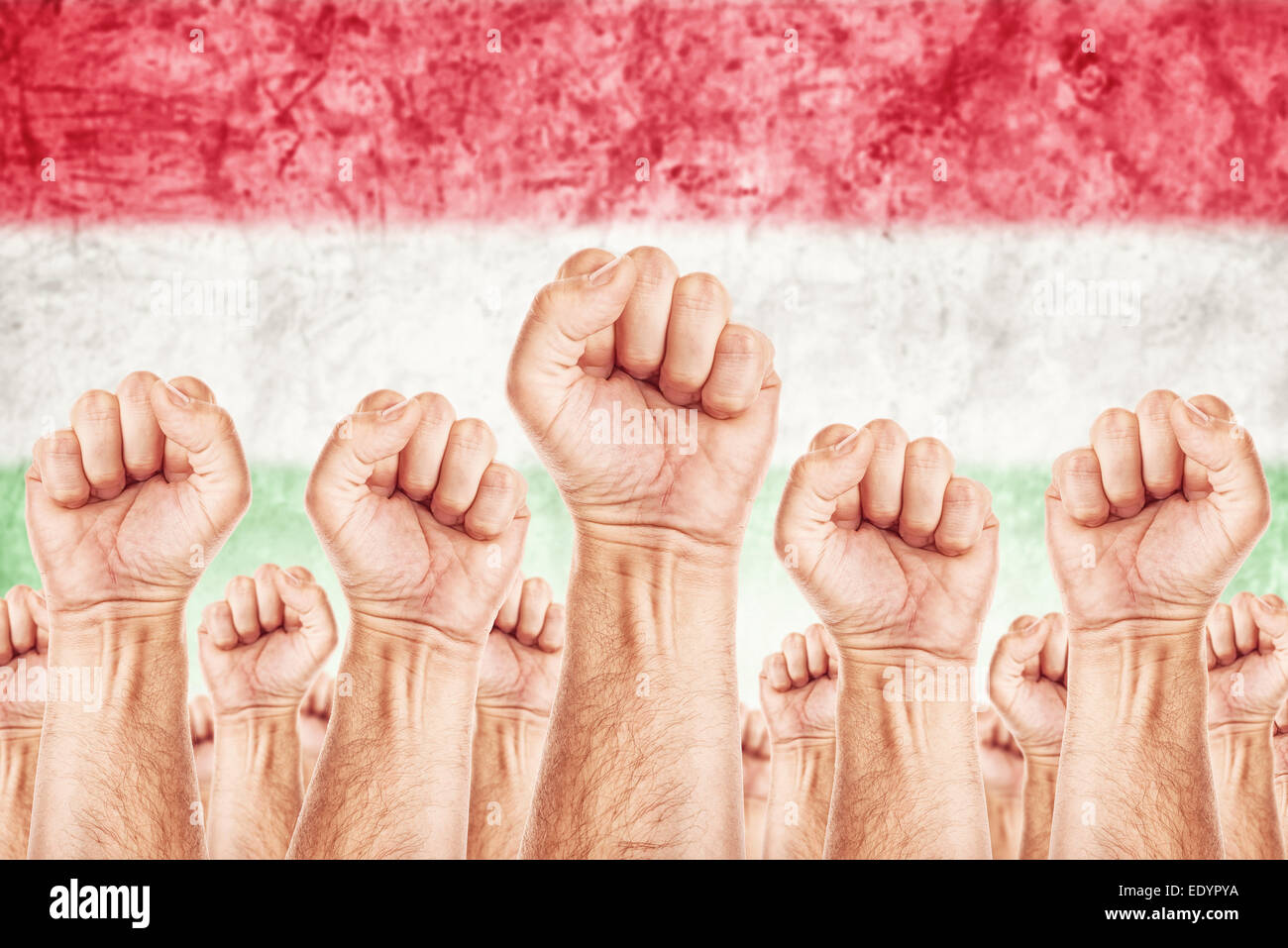 Hungary Labor movement, workers union strike concept with male fists raised in the air fighting for their rights Stock Photo