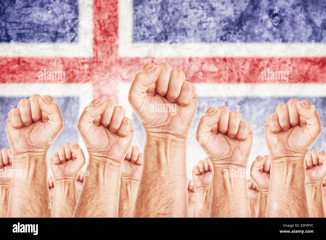 Iceland Labor movement, workers union strike concept with male fists