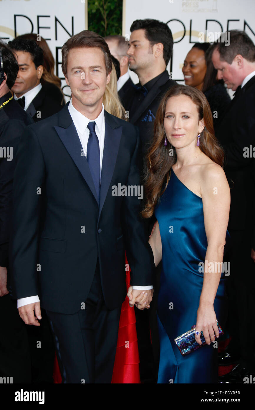 Beverly Hills, California, USA. 11th Jan, 2015. US actor Edward Norton and his wife Shauna Robertson arrive for the 72nd Annual Golden Globe Awards at the Beverly Hilton Hotel, in Beverly Hills, California, USA, 11 January 2015. Photo: Hubert Boesl/dpa - NO WIRE SERVICE -/dpa/Alamy Live News Stock Photo