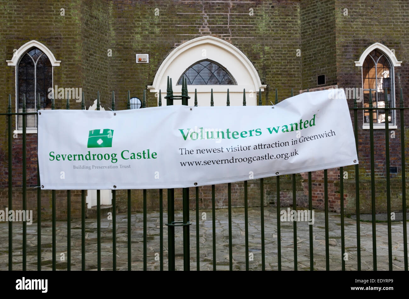 Banner at Severndroog Casatle appealing for volunteers. Stock Photo