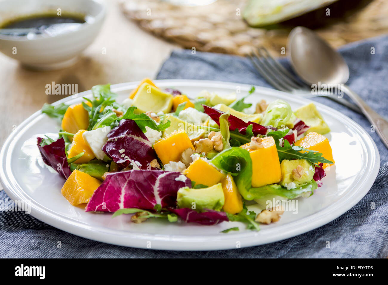 <b>Avocado</b> with <b>Mango</b>,Rocket ,Walnut and Feta <b>salad</b> by Balsamic dressing Stock...