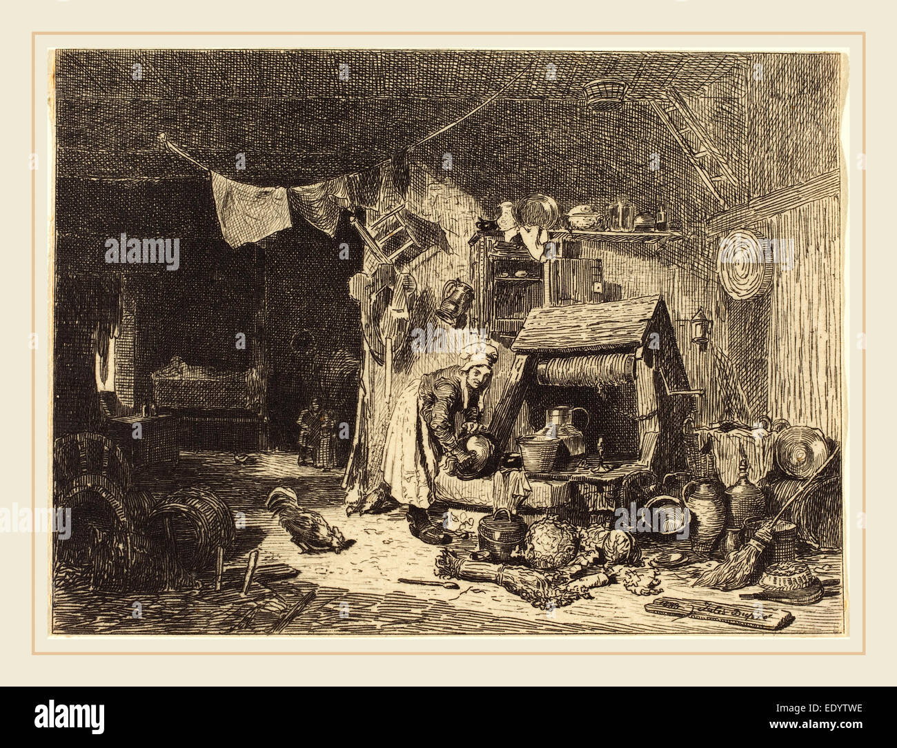 Jules Dupré, French (1811-1889), Interior of a Farmhouse, 1833, etching