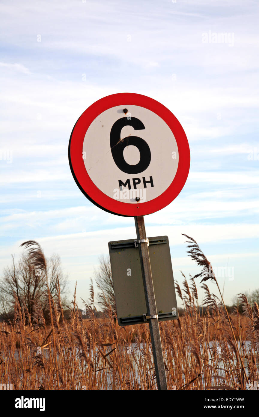A 6 mph speed limit sign on the Norfolk Broads at Hardley, Norfolk, England, United Kingdom
