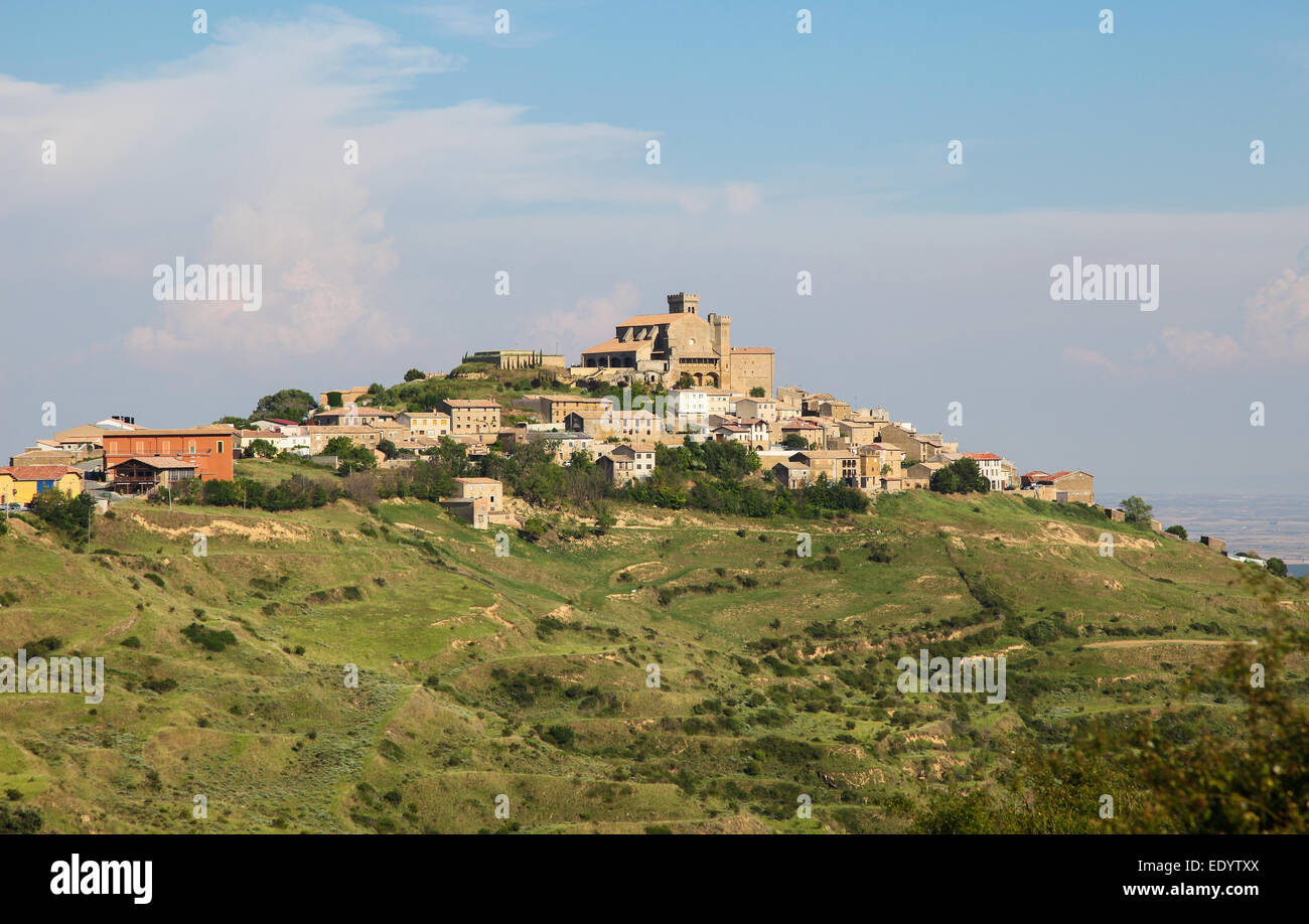 Panorama on the town and 12th Century fortified church of Santa Maria in Ujue, (Uxue in Basque), a town in Navarre, Spain Stock Photo