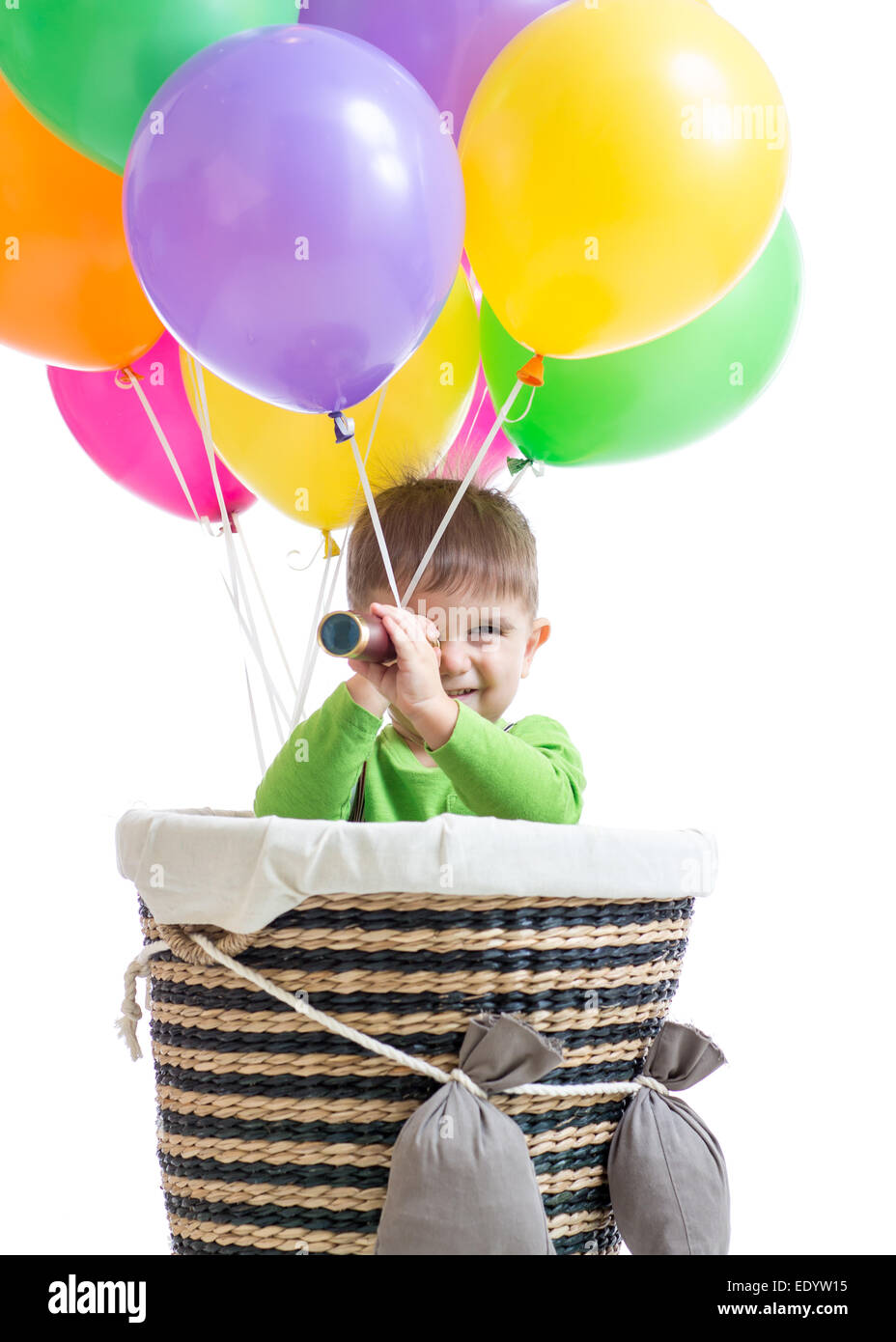 child boy on hot air balloon isolated Stock Photo