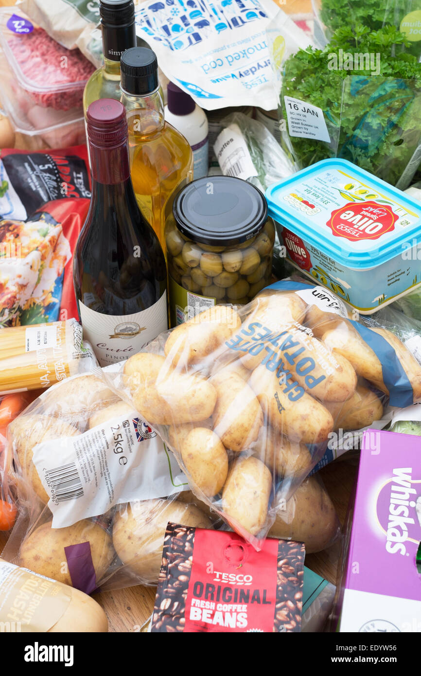 The weekly food shop: a variety of food items purchased at Tesco supermarket - some which are Tesco's own brand. Stock Photo