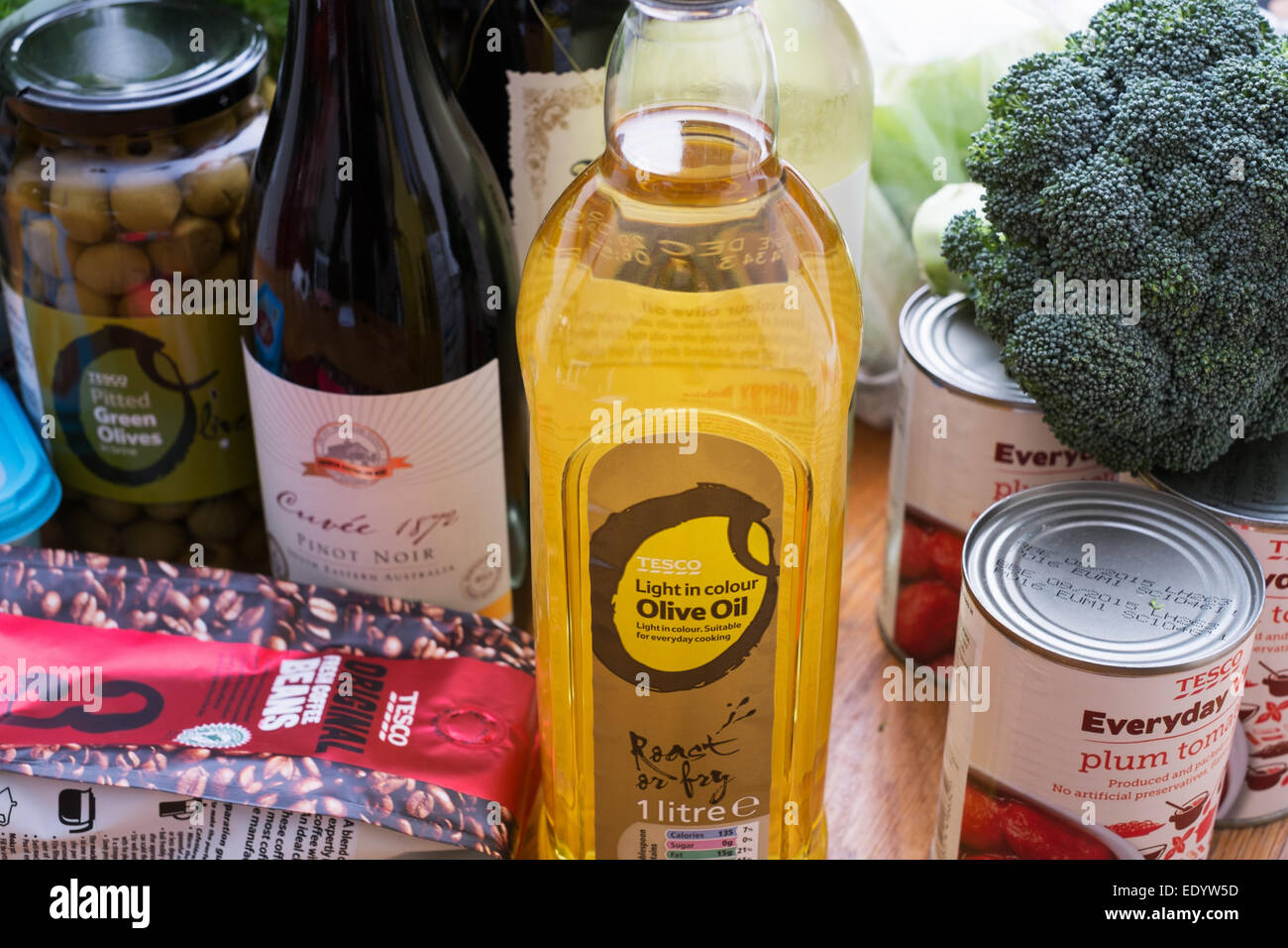 The weekly food shop: a variety of food items purchased at Tesco supermarket - some which are Tesco's own brand. Stock Photo