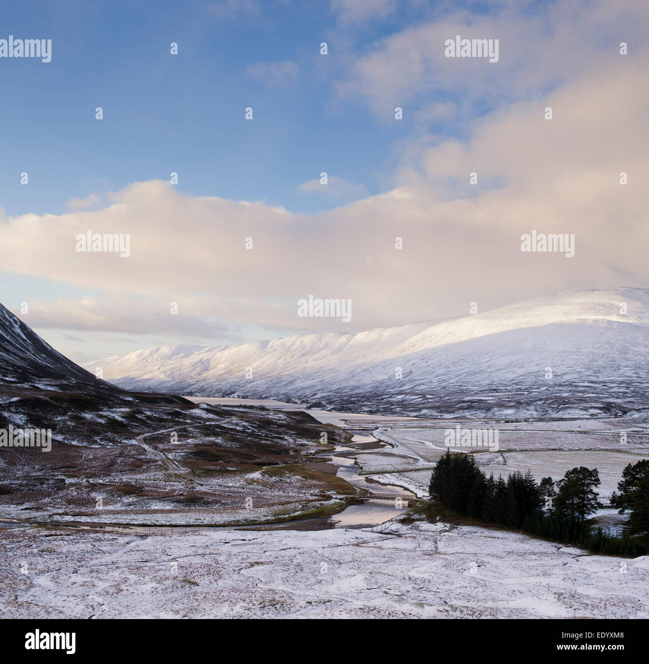 Loch Garry and surrounding mountains in the Scottish Highlands covered in winter snow. Scotland Stock Photo