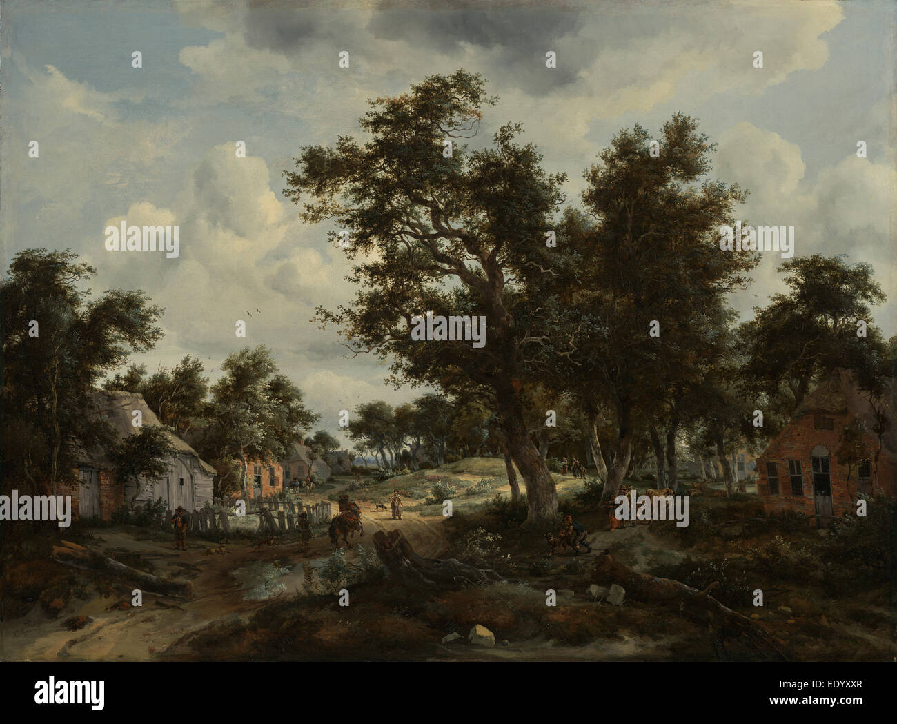 A Wooded Landscape with Travelers on a Path through a Hamlet; Meindert