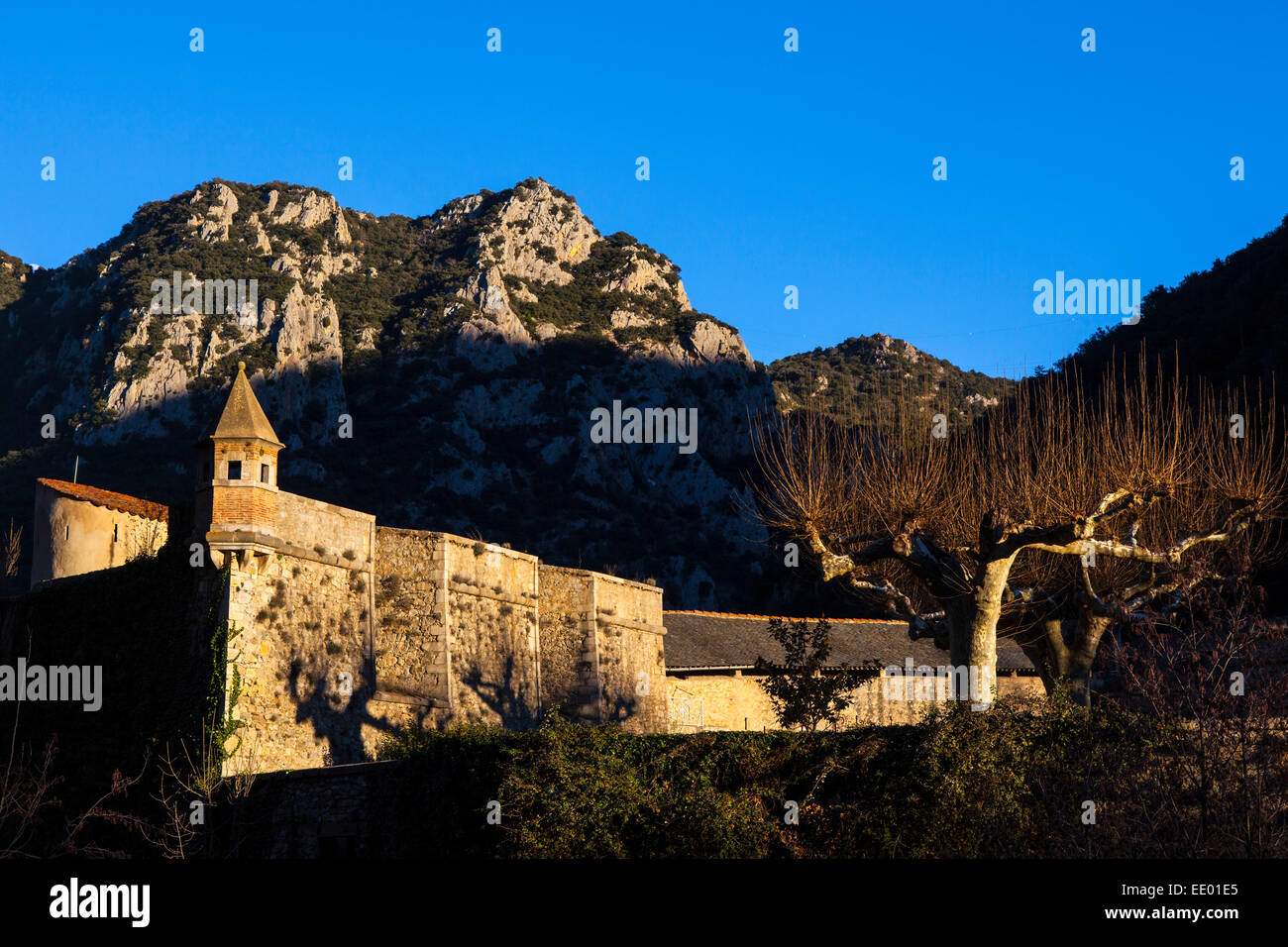 Sunset in Villefranche-de-Conflent, a Vauban-designed fortified town at the confluence of the rivers Tet & Cady in the Pyrenees Stock Photo
