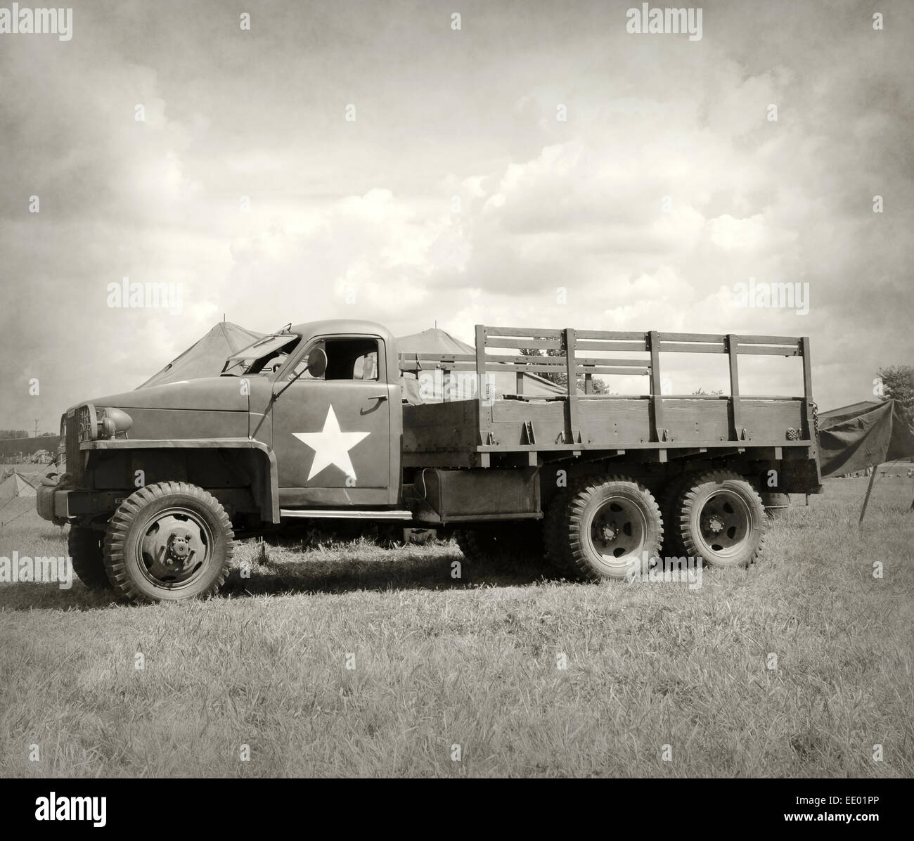 World War II era military truck at a camp Stock Photo