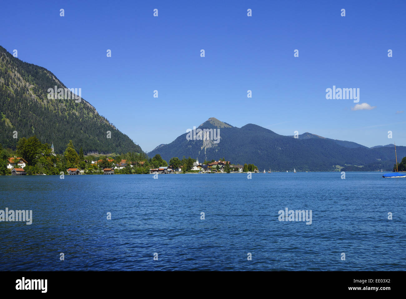 Blick auf den Walchensee, Tölzer Land, Isarwinkel, Bayern, Oberbayern, Deutschland, View of Walchensee lake, Bavaria, Upper Bava Stock Photo