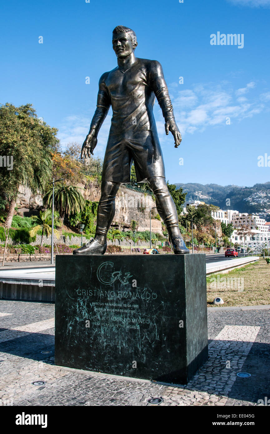 Statue of Cristiano Ronaldo, CR7 (Real Madrid) in the harbour of his hometown Funchal, Madeira. Stock Photo