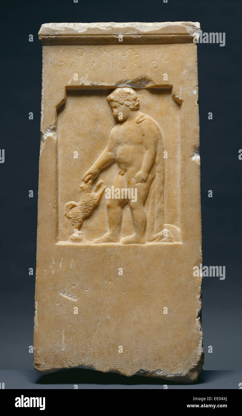 Grave Stele of Moschion with his Dog; Unknown; Greece (Attica); about 375 B.C.; Marble Stock Photo