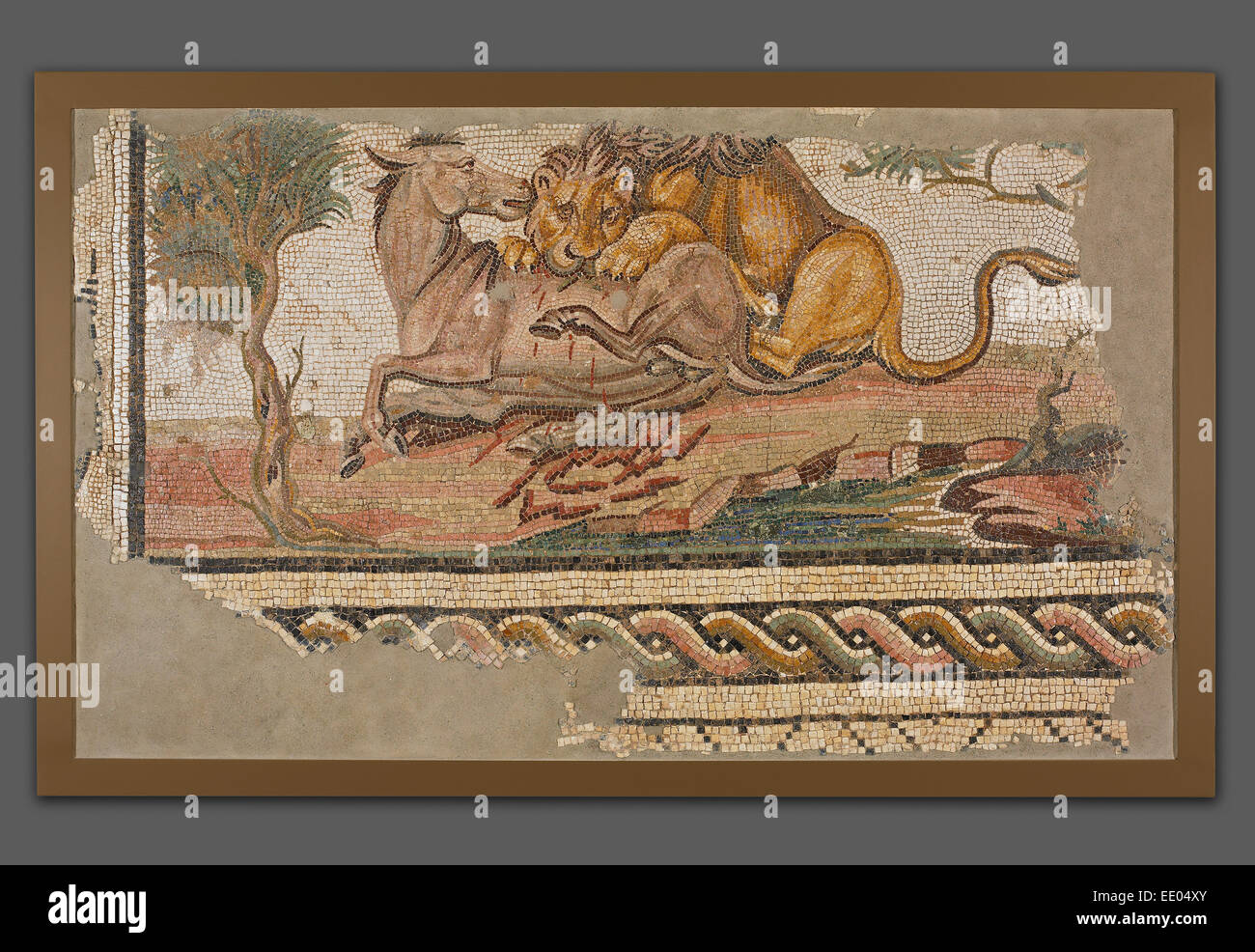 Mosaic of a Lion Attacking an Onager; Unknown; about 150; Stone and glass tesserae Stock Photo
