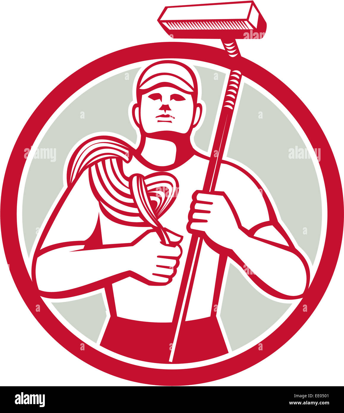 Illustration of a high rise window cleaner carrying rope and squeegee ...