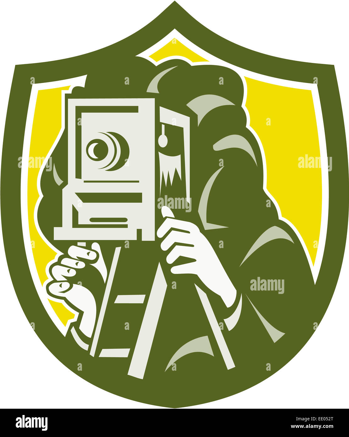 Illustration of a photographer shooting aiming with vintage camera set inside shield crest on isolated background done in retro Stock Photo