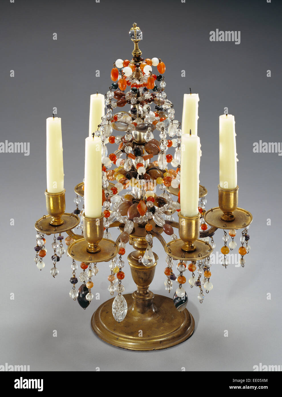 Girandole; Unknown; Paris, France, Europe; about 1680 - 1690; Gilt bronze with beads and drops of rock crystal, coral, jasper Stock Photo