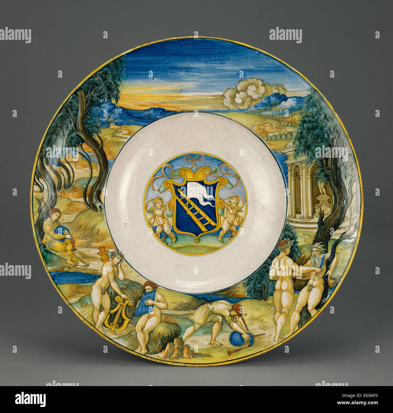 Armorial Dish with the Flaying of Marsyas; Nicola di Gabrielle Sbraghe (or Sbraga), known as Nicola da Urbino, Italian Stock Photo
