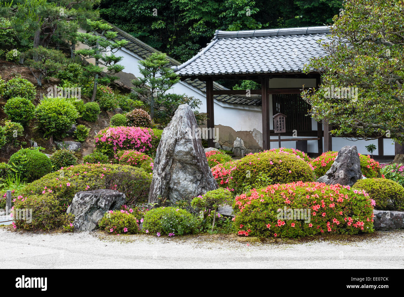 Kaisan-do zen temple, Tofuku-ji, Kyoto, Japan. A rock in the temple garden, surrounded by flowering azaleas Stock Photo