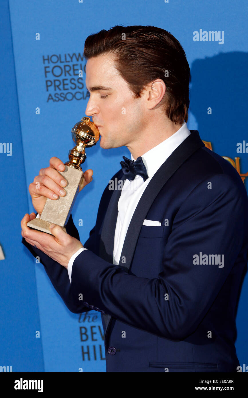 Beverly Hills, California, USA. 11th Jan, 2015. US actor Matt Bomer poses in the press room with his award for Best performance by an actor in a supporting role in a series, mini-series, or a motion picture made for television for 'The Normal Heart' during the 72nd Annual Golden Globe Awards at the Beverly Hilton Hotel, in Beverly Hills, California, USA, 11 January 2015. Photo: Hubert Boesl/dpa - NO WIRE SERVICE -/dpa/Alamy Live News Stock Photo