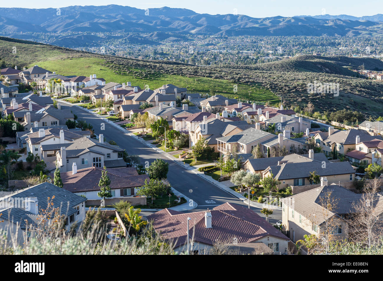 Early morning view of hillside California suburban housing in Simi Valley near Los Angeles. Stock Photo