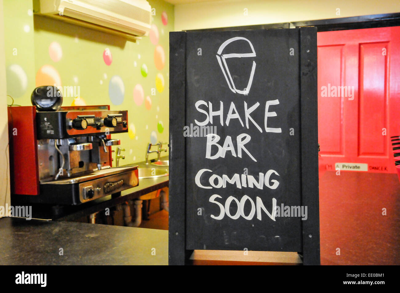 Belfast, Northern Ireland. 12th January, 2015. Sign in a cafe saying that a 'Shake Bar' will be opening soon. Credit:  Stephen Barnes/Alamy Live News Stock Photo