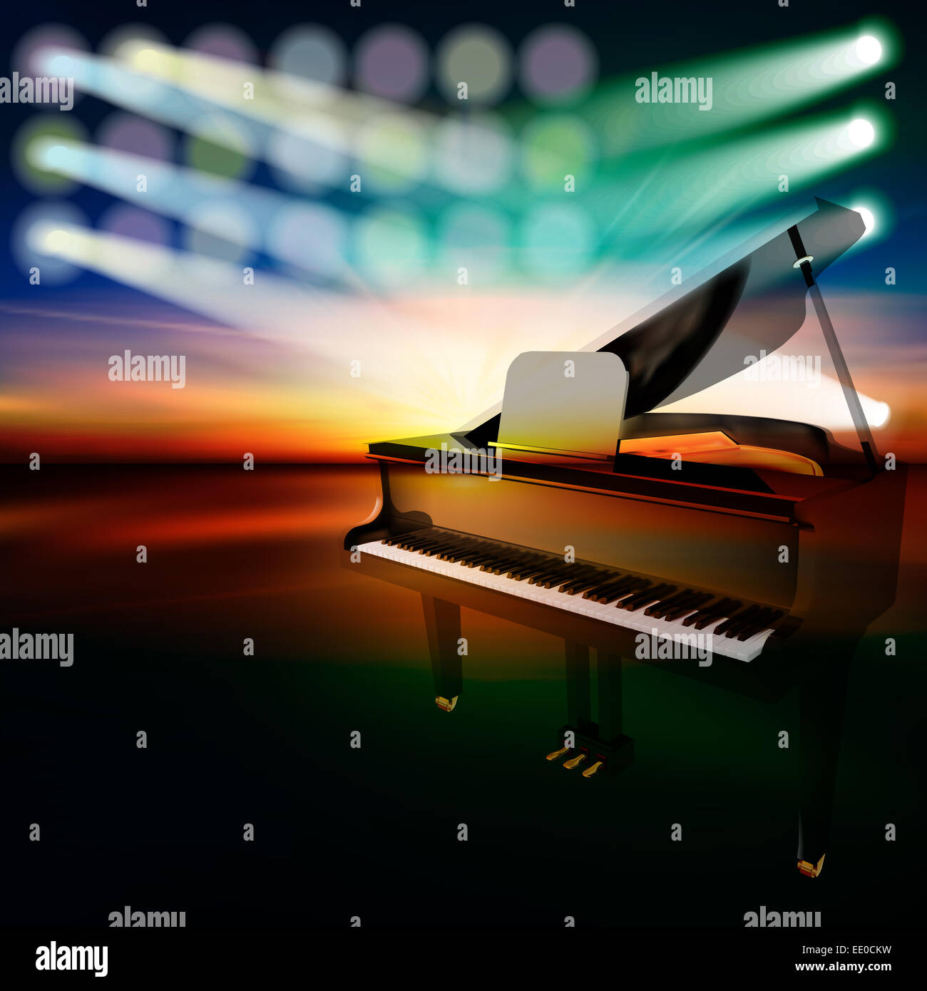 abstract dark jazz background with grand piano on music stage Stock
