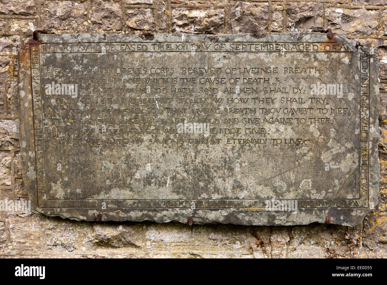 UK, Wales, Swansea, Gower, Llanrhidian, St Rhidian & St Illtyd’s church, Robert Harry’s 1646 Rhyming memorial Stock Photo