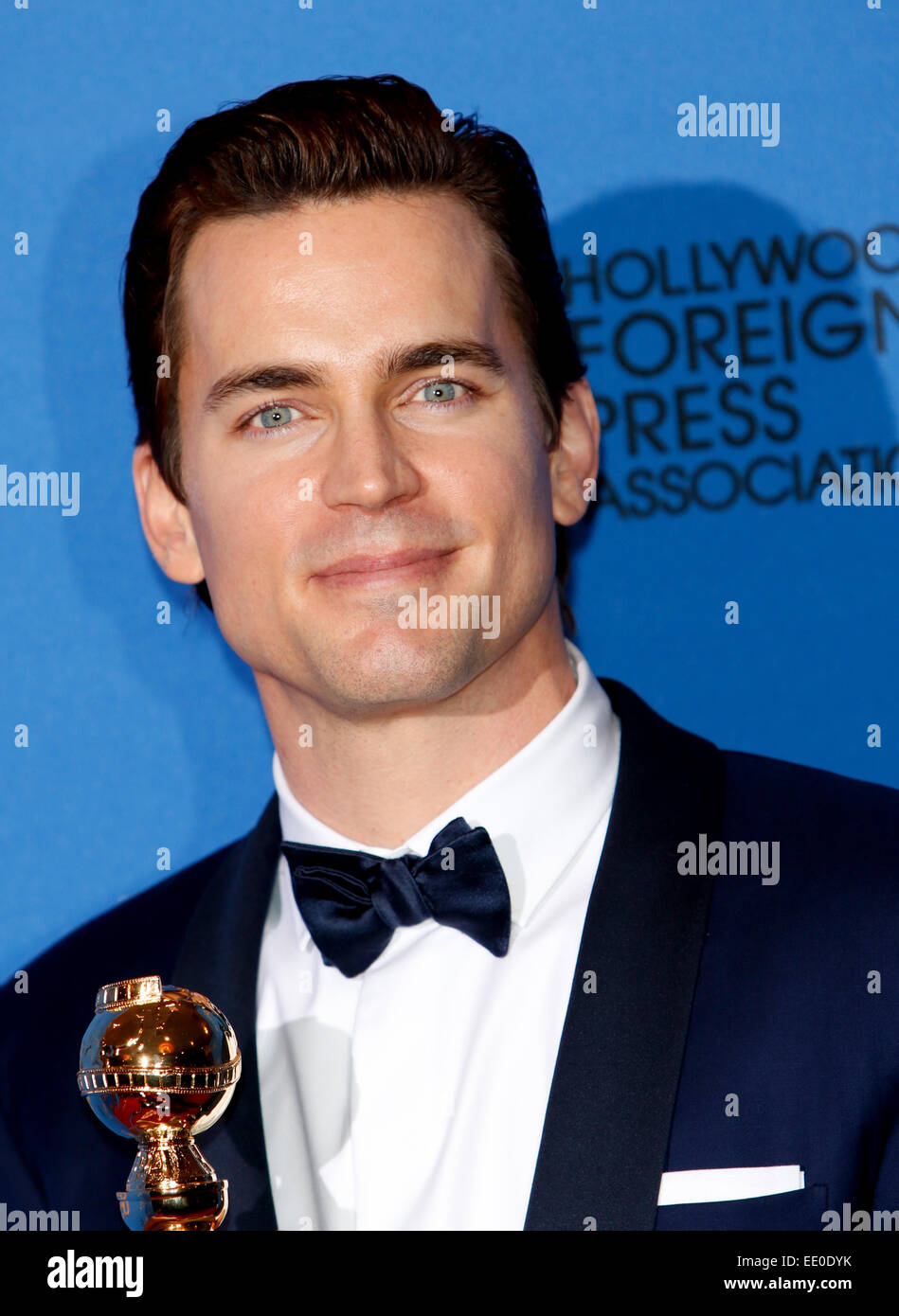 US actor Matt Bomer poses in the press room with his award for Best performance by an actor in a supporting role in a series, mini-series, or a motion picture made for television for 'The Normal Heart' during the 72nd Annual Golden Globe Awards at the Beverly Hilton Hotel, in Beverly Hills, California, USA, 11 January 2015. Photo: Hubert Boesl/dpa- NO WIRE SERVICE - Stock Photo