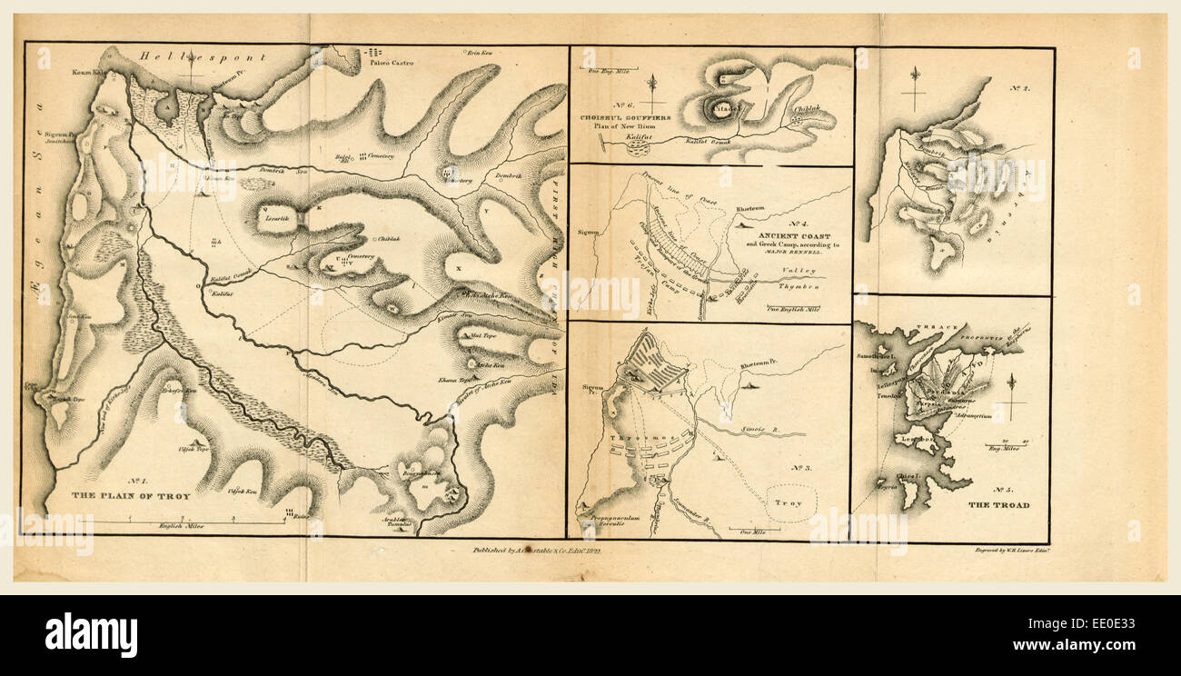 Map 1822,  on the topography of the Plain of Troy, 19th century engraving Stock Photo