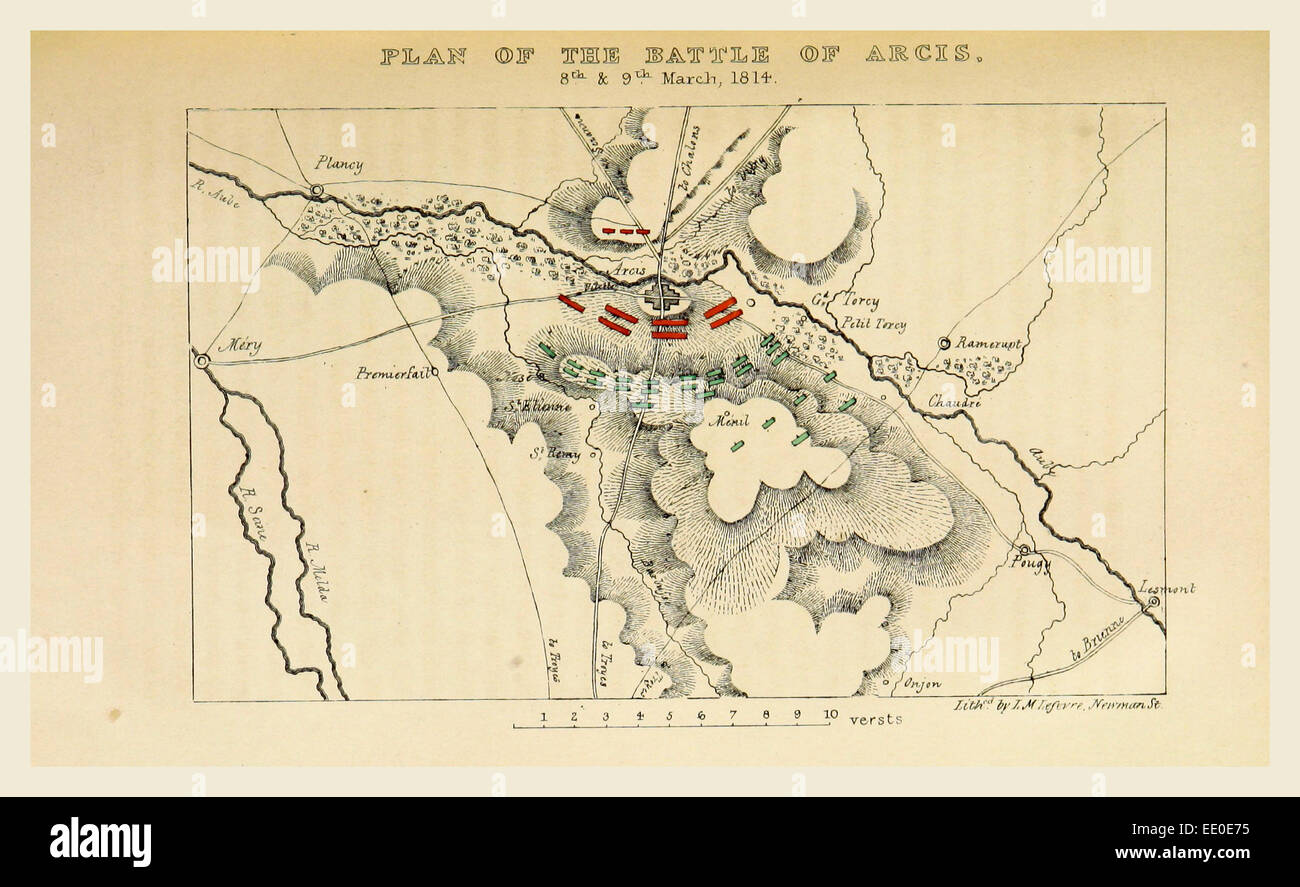 Map of the battle of Arcis, 1814, History of the Campaign in France in the year 1814, 19th century engraving Stock Photo