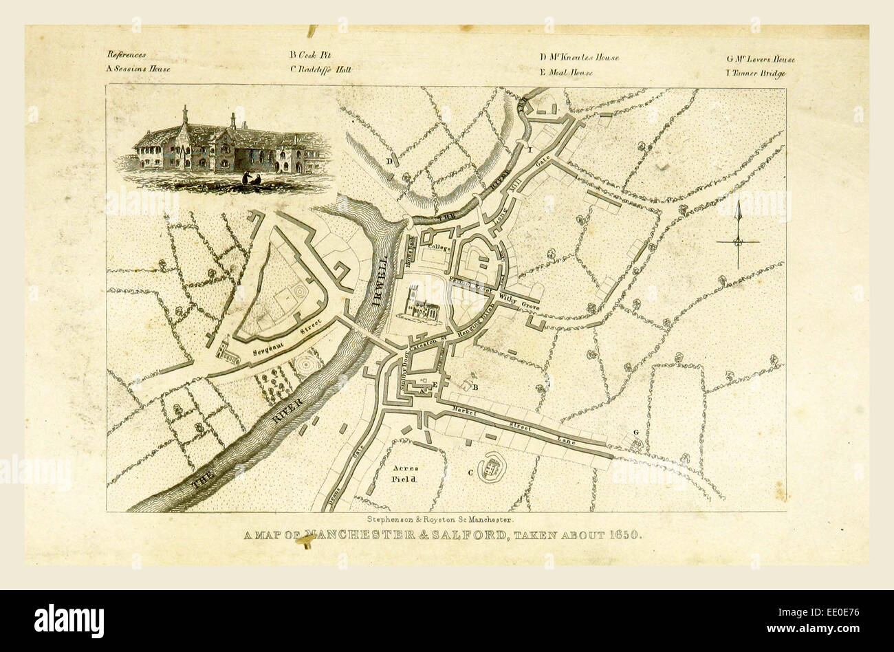 Map, Mancuniensis or an history of the town of Manchester and Salford, 19th century engraving Stock Photo