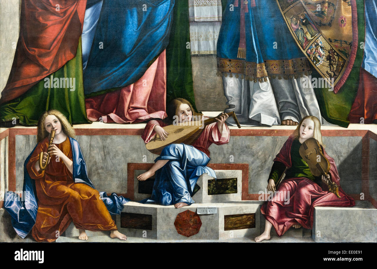 Gallerie dell'Accademia, Venice, Italy. 'Presentation of Christ at the Temple', Vittore Carpaccio, 1510. Detail showing young musicians Stock Photo