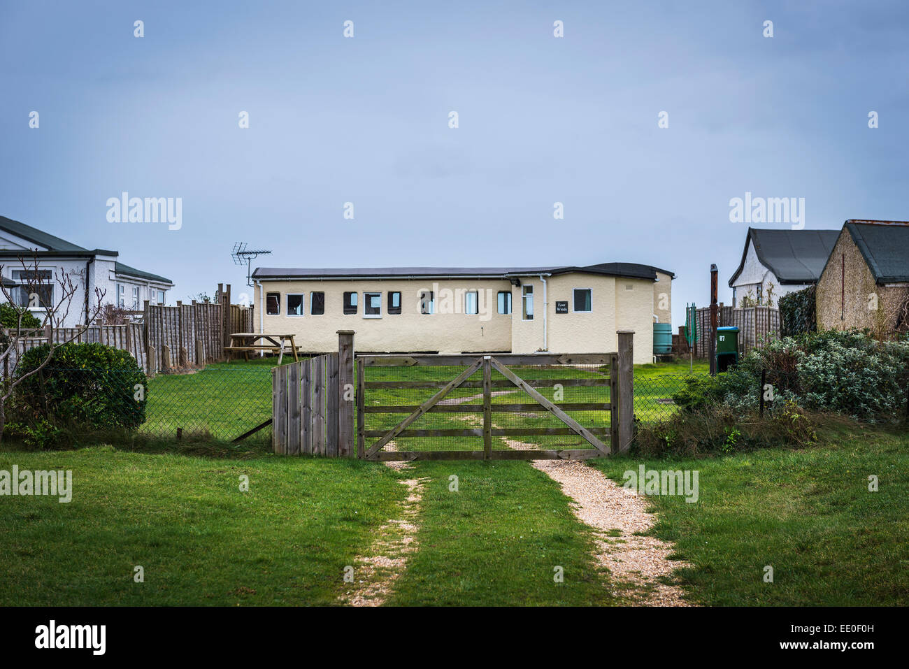 Seaside dwelling made from old railway carriages at Pagham near Bognor
