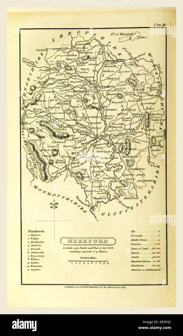 Hereford map, A Topographical Dictionary of the United Kingdom, UK, 19th century engraving Stock Photo