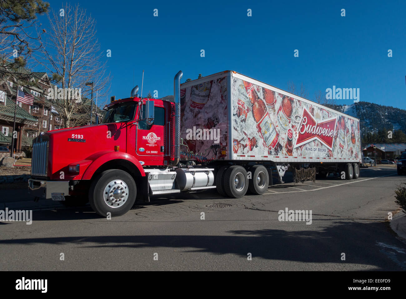 USA Budweiser beer truck making a delivery at a resort in Lake Tahoe California CA Stock Photo