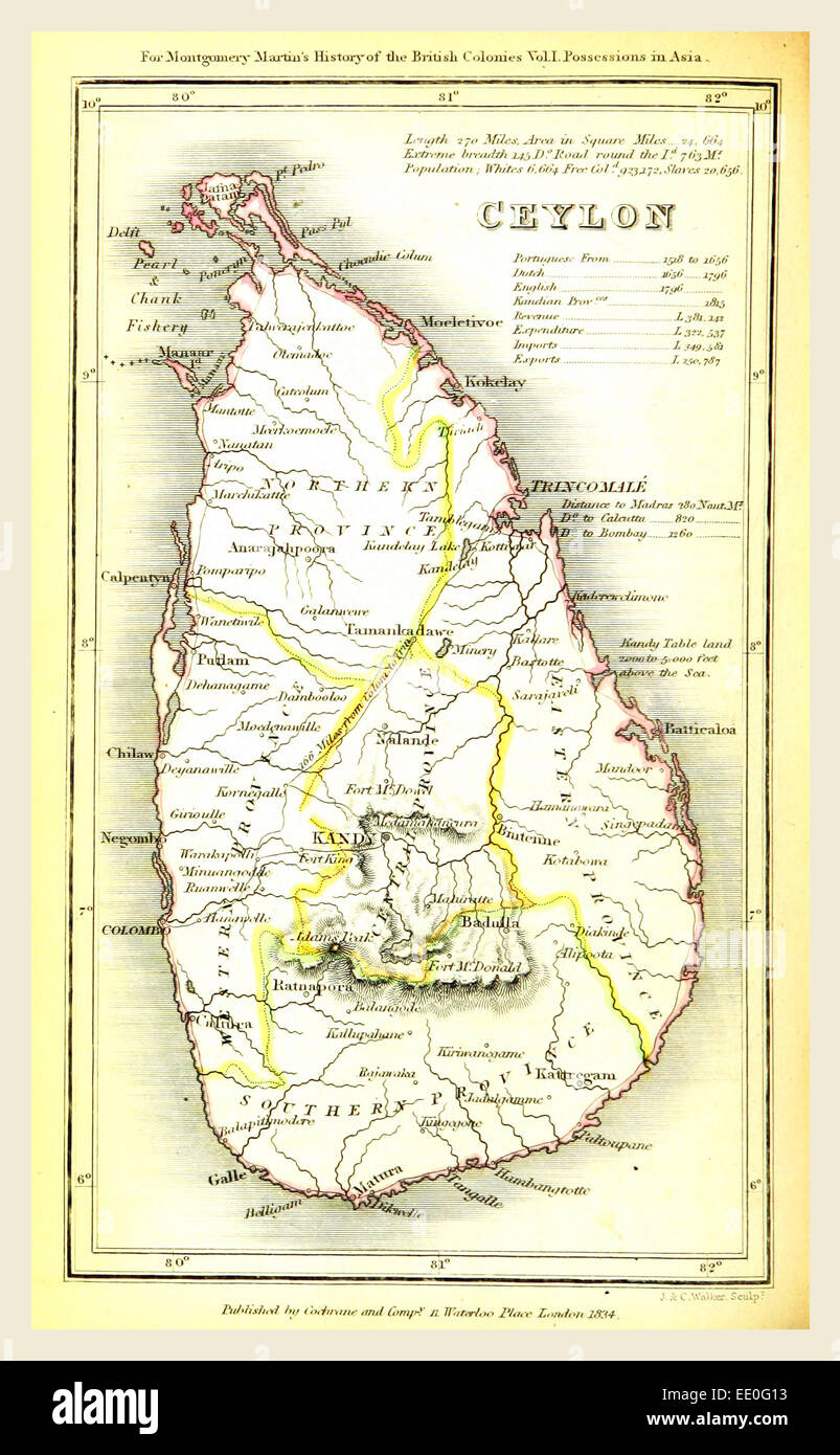 Map Ceylon, Sri Lanka, 19th century engraving Stock Photo