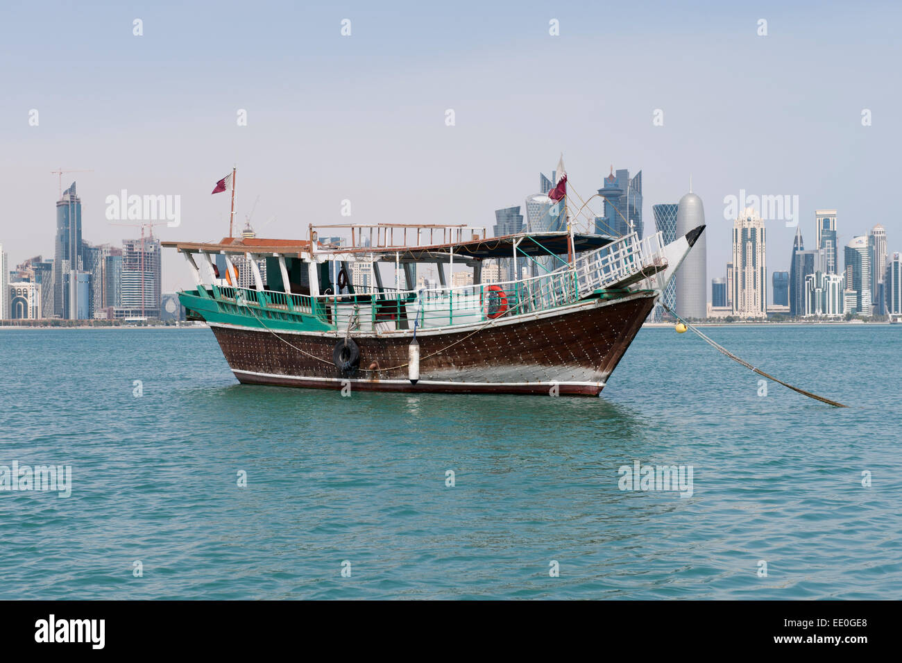 Traditional Qatari dhow with view of West Bay financial district, Doha, Qatar Stock Photo