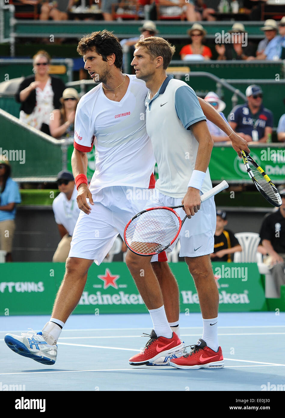 Auckland, New Zealand. 12th Jan, 2015. Brazilian player Marcelo Melo and  Max Mirnyi from Belarus after winning their doubles match at the Heineken  Open. ASB Tennis Centre, Auckland, New Zealand. Monday 12