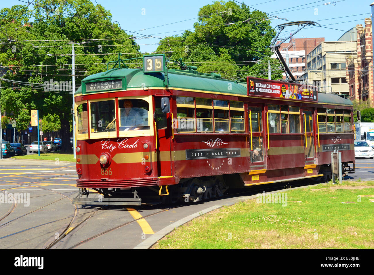 Antique tram on the City Circle line in Melbourne Australia.  The tram is free to all passengers and promotes tourism within the Stock Photo