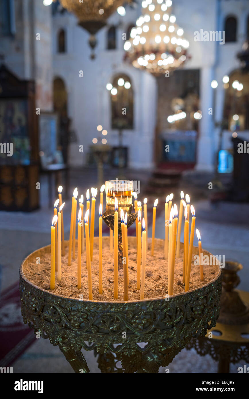 Candles burning in a Greek Orthodox Church in the village of Exohori