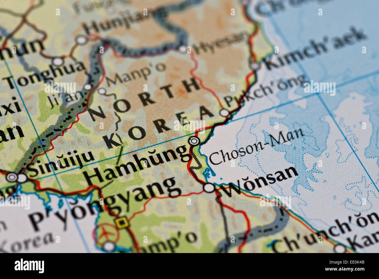 Close up of atlas map of Pyongyang, capital city of North Korea Stock