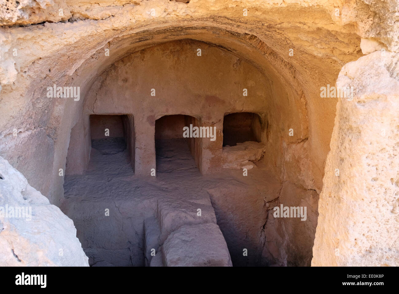 Tombs of the Kings, Cyprus. Tomb 2 showing the burial chamber with loculi and pit graves.  Hellenistic period. Stock Photo